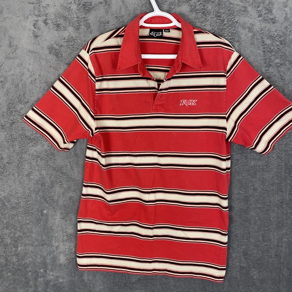 Fox Racing Men's Red And Black Striped Polo Large Y2K Skater